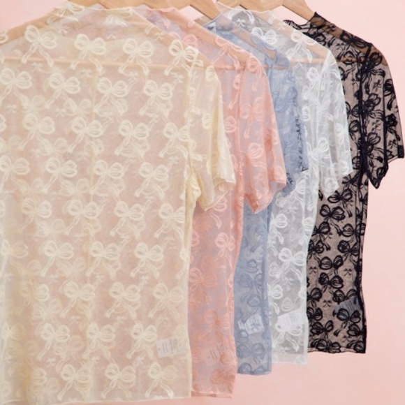 Bibi Black Bow Mesh Semi Sheer Short Sleeve top - Picture 5 of 5